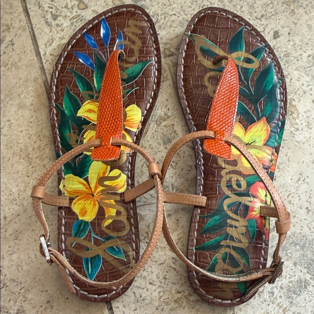 Sam Edelman Brown Leather Floral T‑Strap Sandals with Orange Accent - Picture 4 of 4